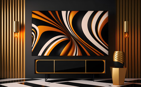 Tv set with gold and black stripes. Generative AIの素材