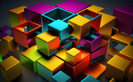 abstract 3d illustration of colorful cubes in black background with shadow, Generative AIの素材