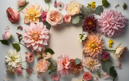 Flowers composition. Frame made of flowers on white background. Flat lay, top view, copy space, Generative AIの素材