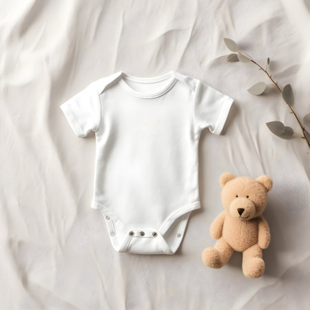 Baby clothes and teddy bear on white background. Flat lay, top view, Generative AIの素材