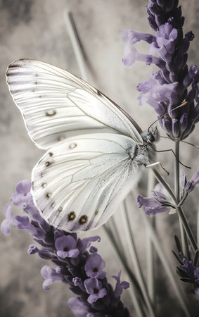 Butterfly on lavender flowers in vintage color tone style. Generative AIの素材