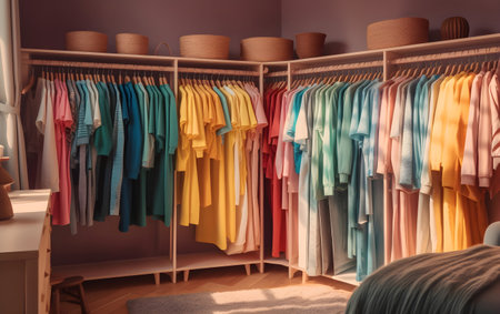 Clothing rack with different clothes in modern dressing room, closeup, Generative AIの素材