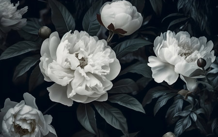 Beautiful white peony flower on dark background, retro toned, Generative AIの素材