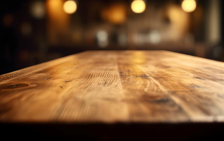 Empty wooden table in front of abstract blurred background of bar. Ready for product display montage. Generative AIの素材