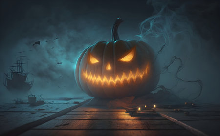 Halloween pumpkin head on wooden board with dark toned foggy background, Generative AIの素材
