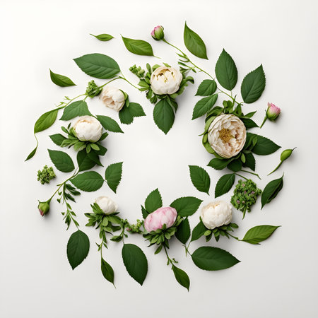 Round frame made of white and pink flowers and green leaves on white background, Generative AIの素材