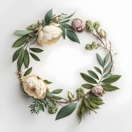 Flower wreath with peonies and eucalyptus branches on white background, Generative AIの素材
