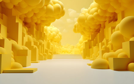 3D illustration of a road in the middle of yellow clouds. Generative AIの素材