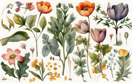 Vintage floral background with colorful flowers and leaves. Generative AIの素材