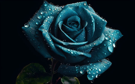 Beautiful blue rose with water drops on black background, close up, Generative AIの素材