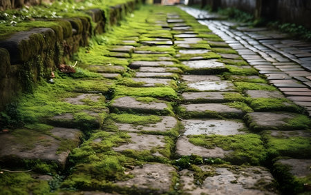 Stone path with green moss in the old town, Generative AIの素材