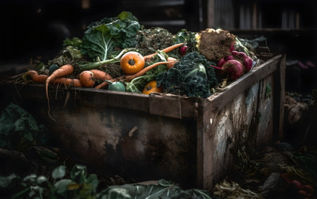 Organic vegetables in a wooden box. Dark background. Selective focus. Generative AIの素材
