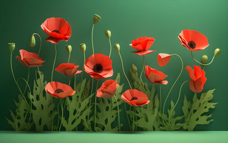 red poppies on green background. 3d illustration. Generative AIの素材