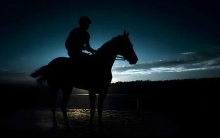 Silhouette of jockey on horseback at sunset in the evening, Generative AIの素材