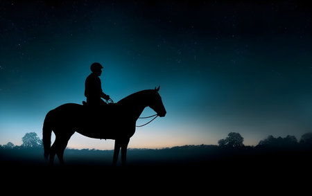 Silhouette of jockey on horseback against night sky background, Generative AIの素材