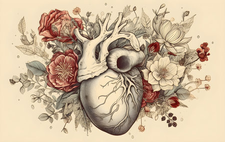 Illustration of human heart with flowers and leaves in vintage style. Generative AIの素材