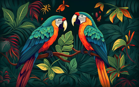Two macaws sitting on a branch among tropical leaves. Generative AIの素材