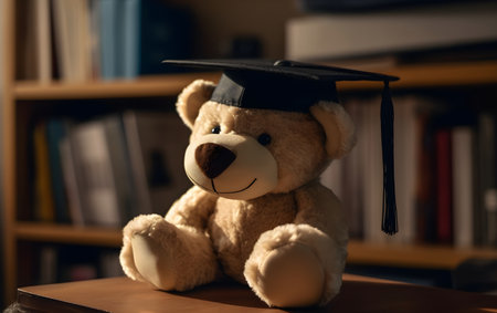 Teddy bear with graduation cap on bookshelf background. Education concept, Generative AIの素材
