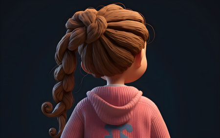 3d rendering of a girl with braids in a pink sweater, Generative AIの素材