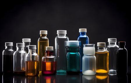 Laboratory glassware containing colored liquids on a black background. Chemical laboratory. Generative AIの素材