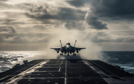 Fighter aircraft on the deck of an aircraft carrier. 3d illustration, Generative AIの素材