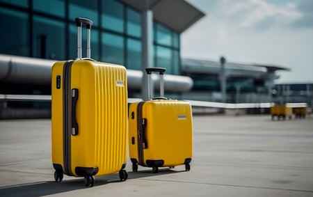 Two yellow travel suitcases on the ground of airport terminal. Travel concept, Generative AIの素材