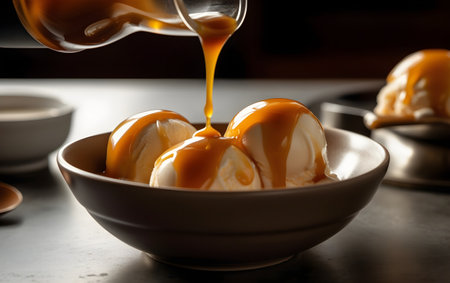 Bowl with delicious ice cream and caramel sauce on table, closeup, Generative AIの素材