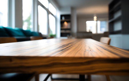 Empty wooden table in modern living room. Blurred background, Generative AIの素材