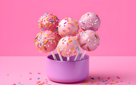 Pink cake pops with sprinkles on pink background. 3d illustration, Generative AIの素材