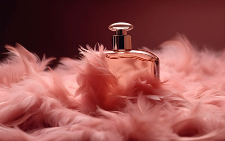 Bottle of perfume on pink feather background. Shallow depth of field, Generative AIの素材
