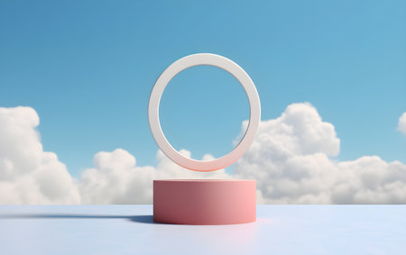 3d illustration of minimal podium with round mirror on blue sky background, Generative AIの素材