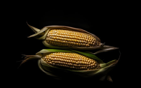 Fresh corn on the cob on a black background, Generative AIの素材