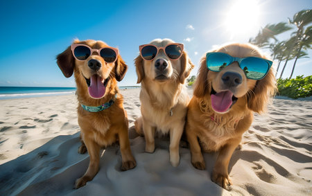 Three Golden Retriever dogs sitting on the beach with sunglasses. Generative AIの素材