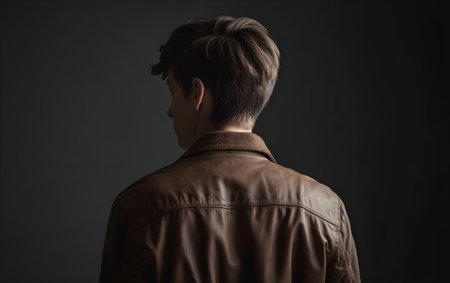 Back view of handsome young man in brown leather jacket on dark background, Generative AIの素材