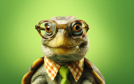 Tortoise in glasses and tie on a green background. Business concept, Generative AIの素材