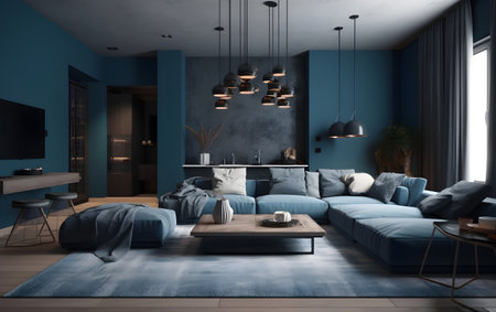 Interior of modern living room with blue walls, carpet, blue sofa and coffee table. 3d illustration, Generative AIの素材
