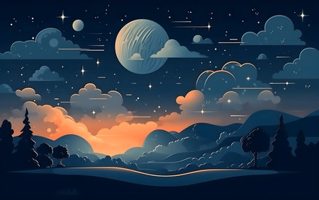 Night sky with moon, stars, clouds and trees. Generative AIの素材