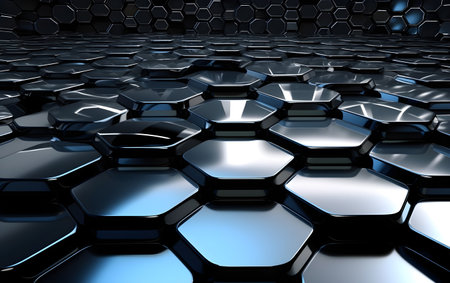 3d illustration of abstract metallic background with hexagons in empty spaceの素材