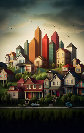 Cityscape with houses and birds in the sky. Generative AIの素材