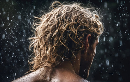 Young man under the rain. Generative AIの素材