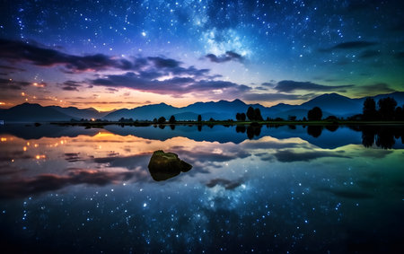 Night sky with stars and milky way over lake with mountain background, Generative AIの素材