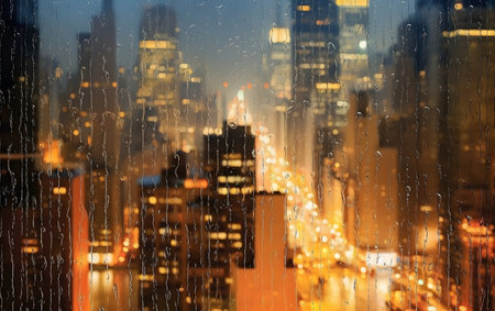 Rain drops on window glass with cityscape view, Generative AI