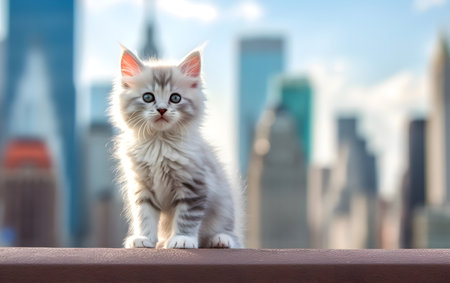 Cute kitten on the background of the city, Generative AIの素材