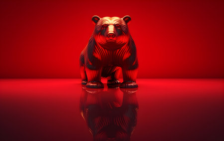 3D illustration of a red bear on a red background with reflection, Generative AIの素材
