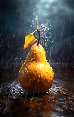 Ripe pear with water drops on dark background. Generative AIの素材