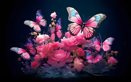 Bouquet of pink roses and butterflies on a dark background. Generative AIの素材