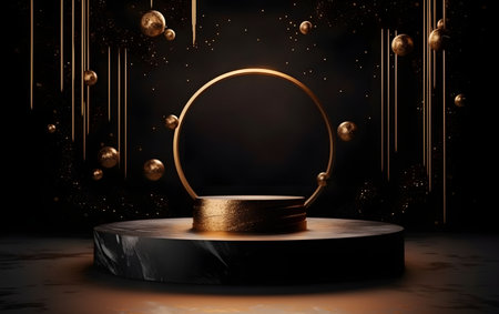 3d illustration, abstract black background with gold podium and golden spheres, podium for product presentation, Generative AIの素材