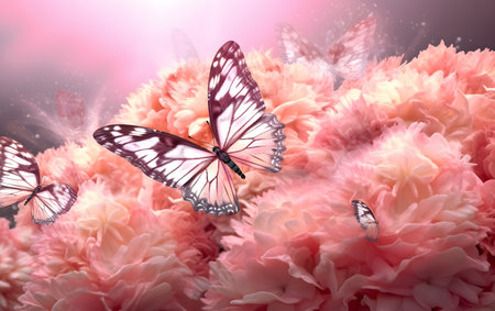 Beautiful pink flowers with butterfly, nature background. 3d illustration, Generative AIの素材