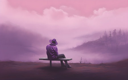 A man in a hat sits on a bench in a foggy forest. Generative AIの素材
