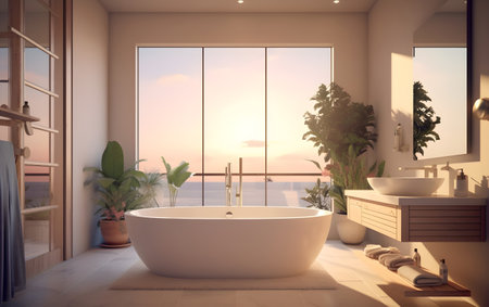 Bathroom interior with panoramic window overlooking the sea. 3D illustration, Generative AIの素材